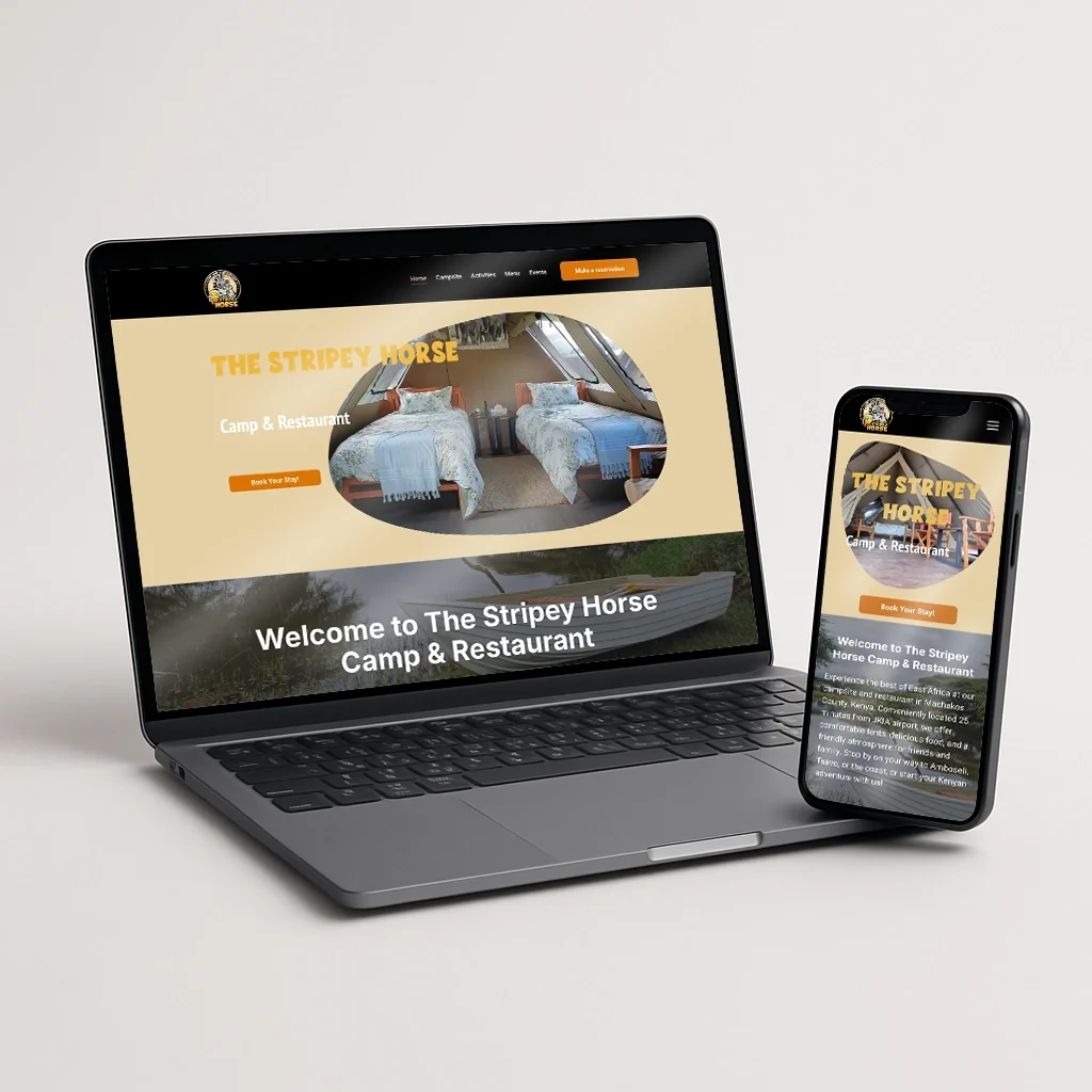 Web mockup with Laptop and smart phone showing The Stripy Horse website